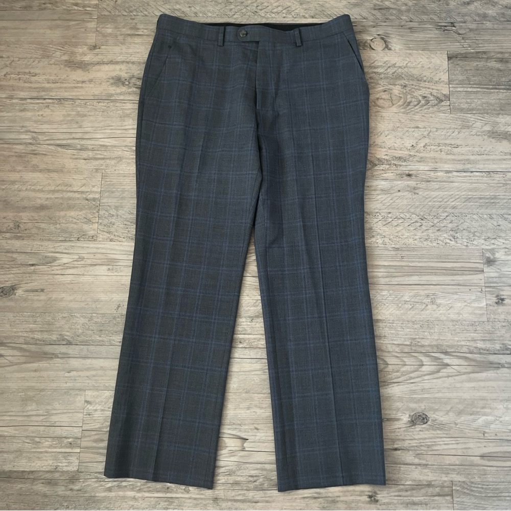 Indochino Mens Gray Muted Blue Windowpane Plaid Wool Dress Pants Trousers 35x29